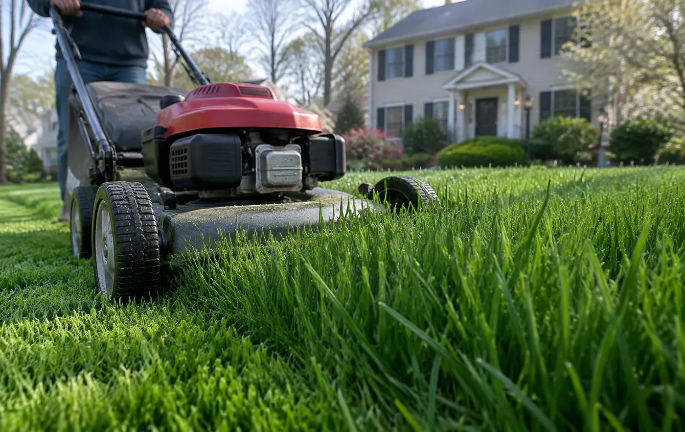 Low-angle view of a push mower cutting a thick, tall residential tall-fescue lawn at a high mowing height in front of a Northern New Jersey colonial home