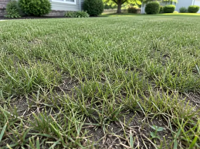 Tall-fescue lawn mowed too short at about 2 inches, thin with bare soil showing