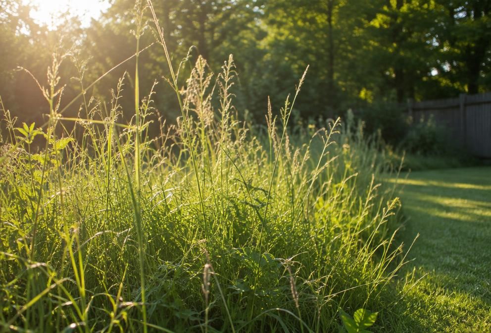 Tall unmowed grass along the edge of a backyard lawn