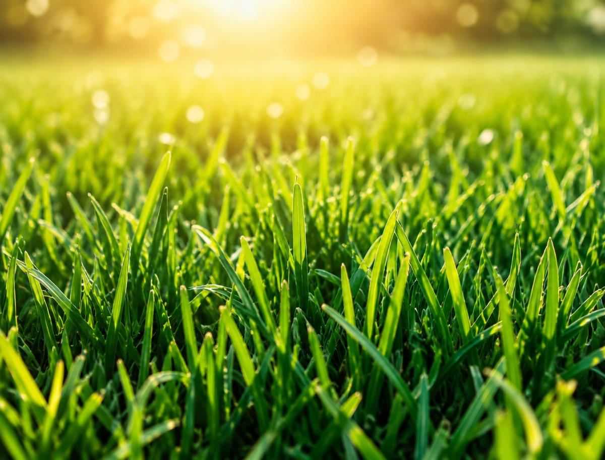 Thick, dense green turf backlit by evening sunlight