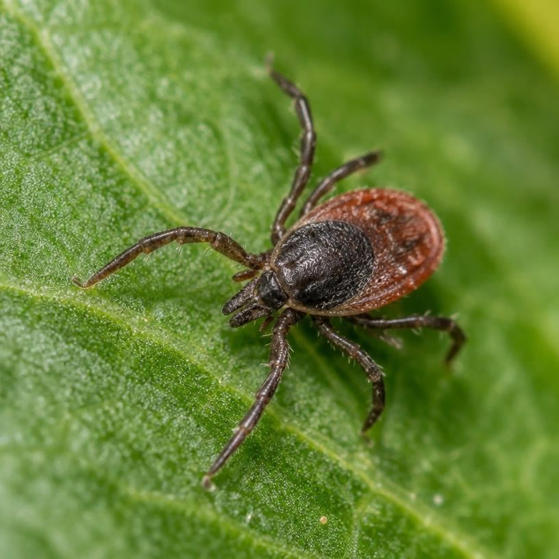 Close-up of a tick on a green leaf