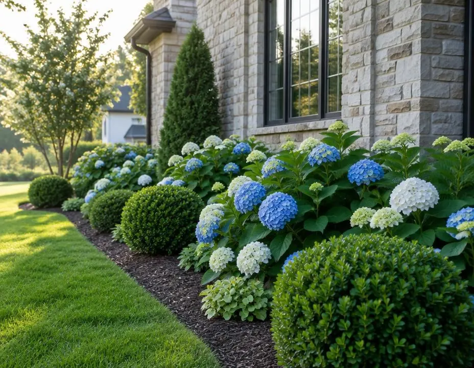 Hydrangeas and manicured shrubs along a home foundation