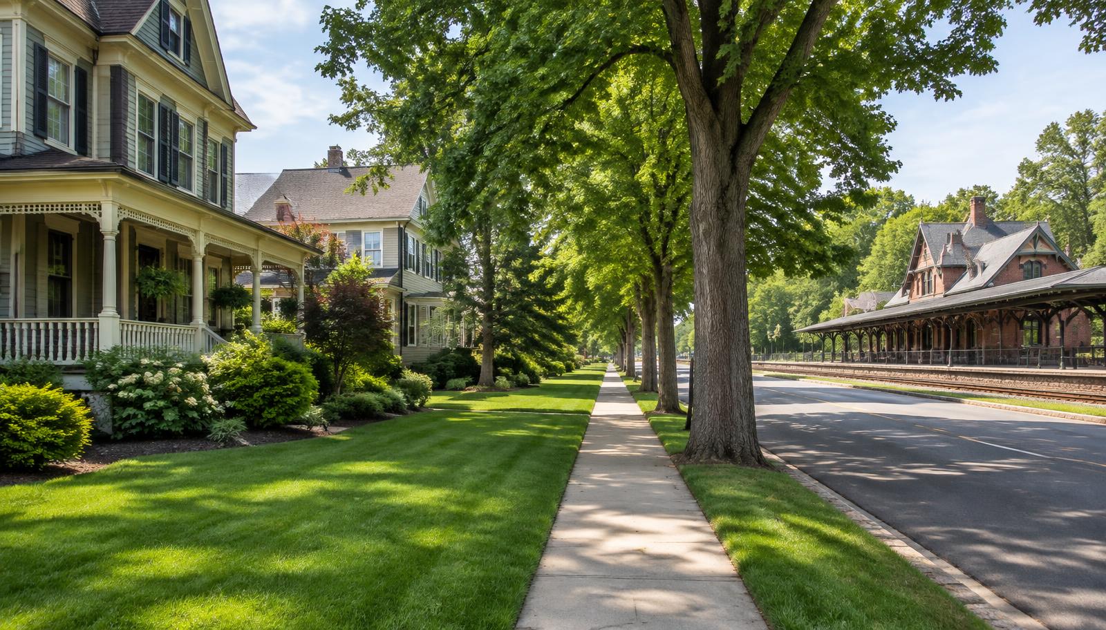 Tree-lined sidewalk with healthy lawns and older homes near a historic train station in Fanwood, NJ