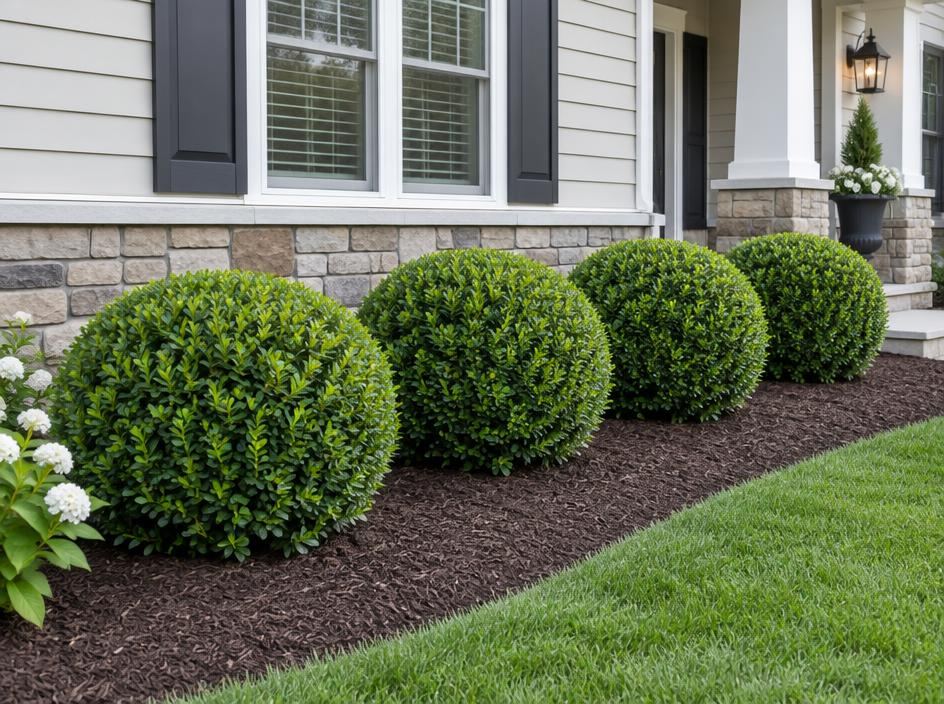 Rounded boxwood shrubs in a well-drained mulched foundation bed