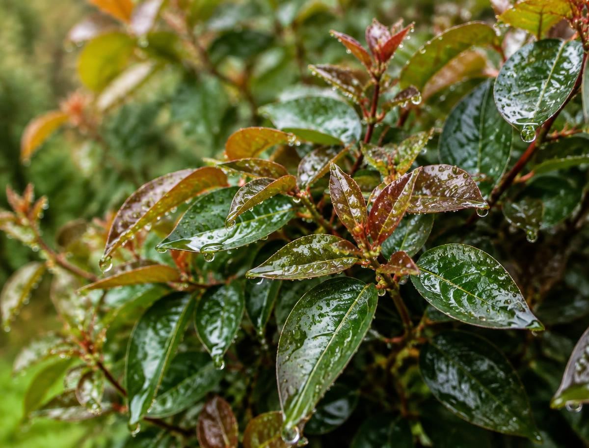 Water droplets on glossy ornamental shrub leaves after rain