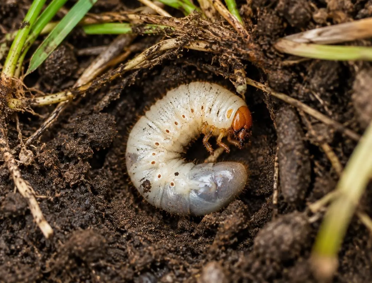 White grub larva in soil beneath grass roots