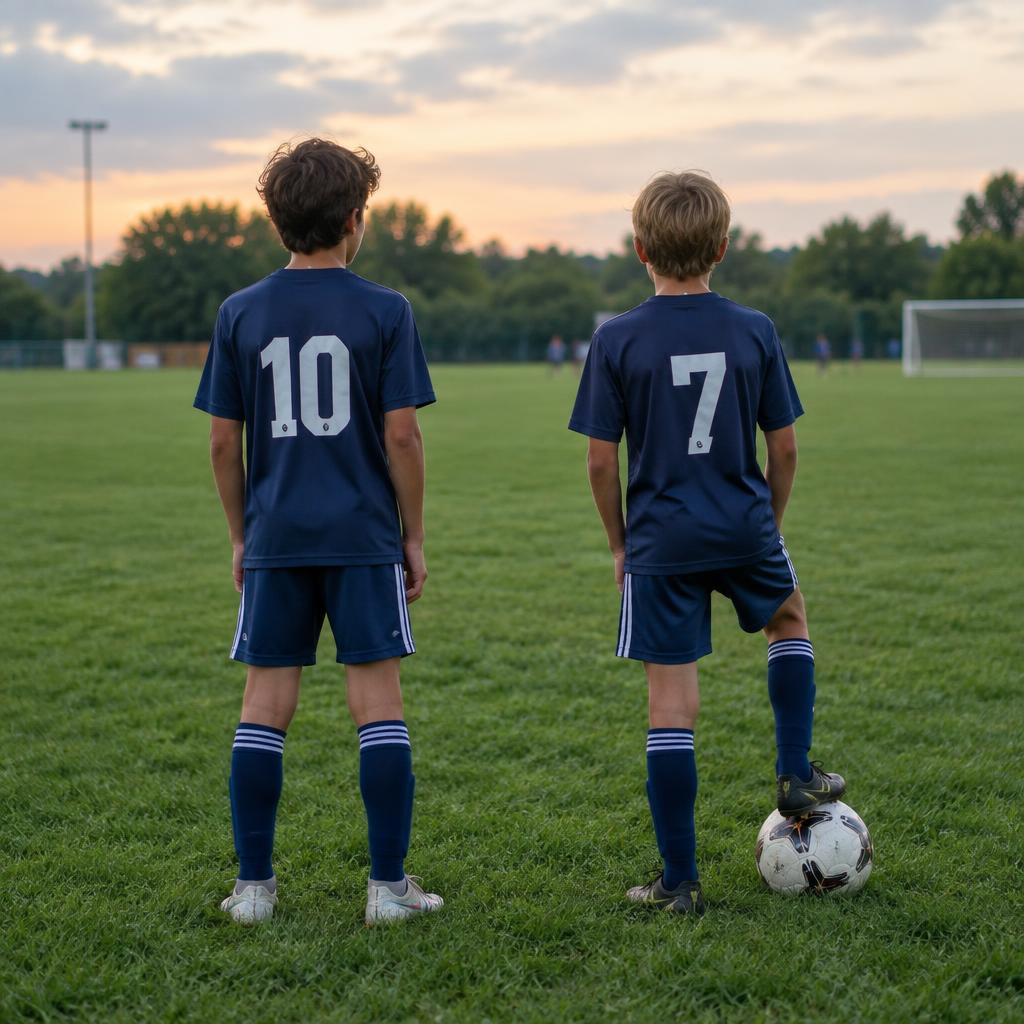 Two youth soccer players in navy jerseys standing on a dense, healthy grass field at dusk