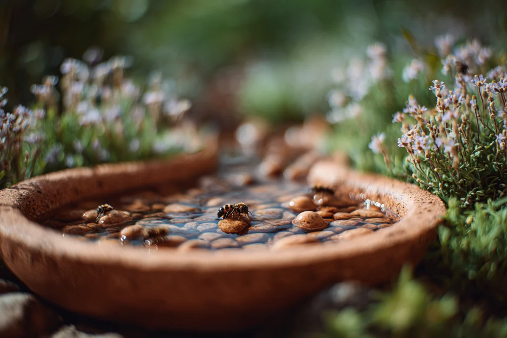 A shallow terra cotta dish filled with water and smooth pebbles